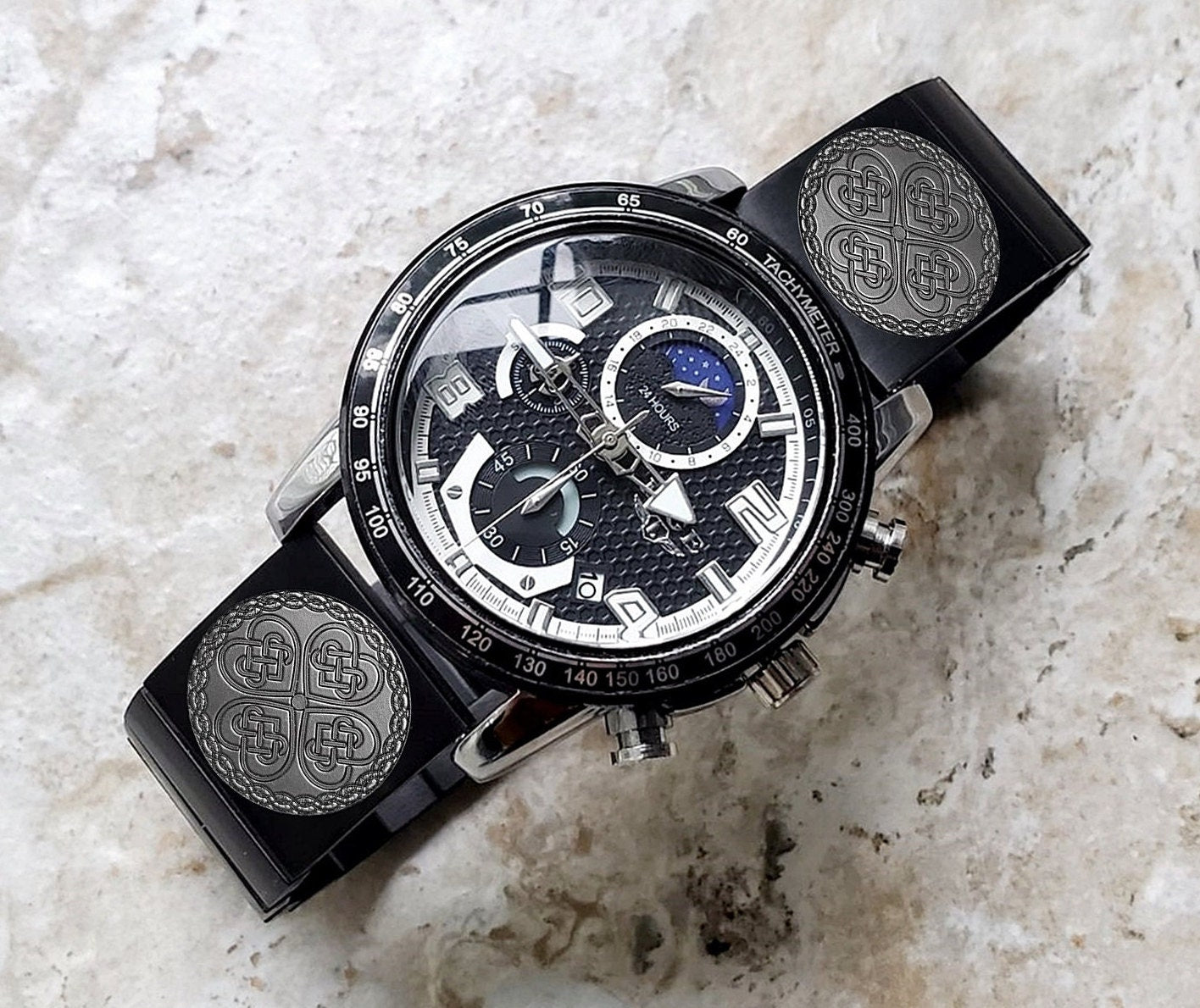 Engraved Watch Band for 22mm Width Lugs Traditional Casual Luxury and Smartwatches Black Color Stainless Steel Strap Bracelet CC3